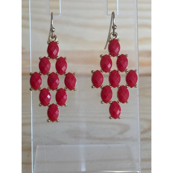 Red Faceted Stone Dangle Earrings With Gold-Tone Metal Setting - Picture 2 of 5